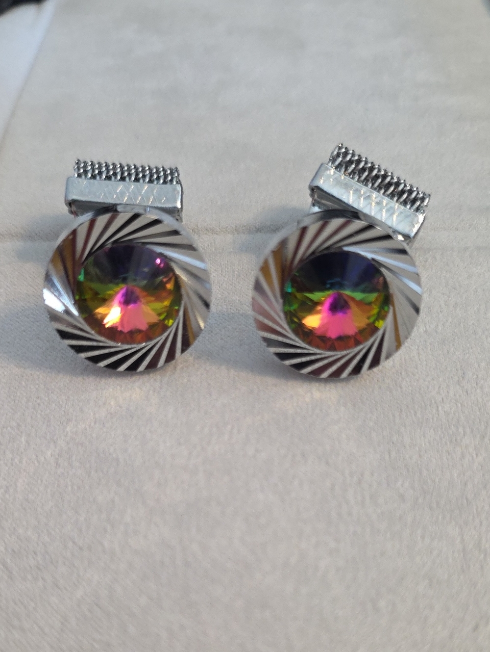 VTG 60s/70s Watermelon Rivoli Glass Wrap Around Silver Tone Cufflinks